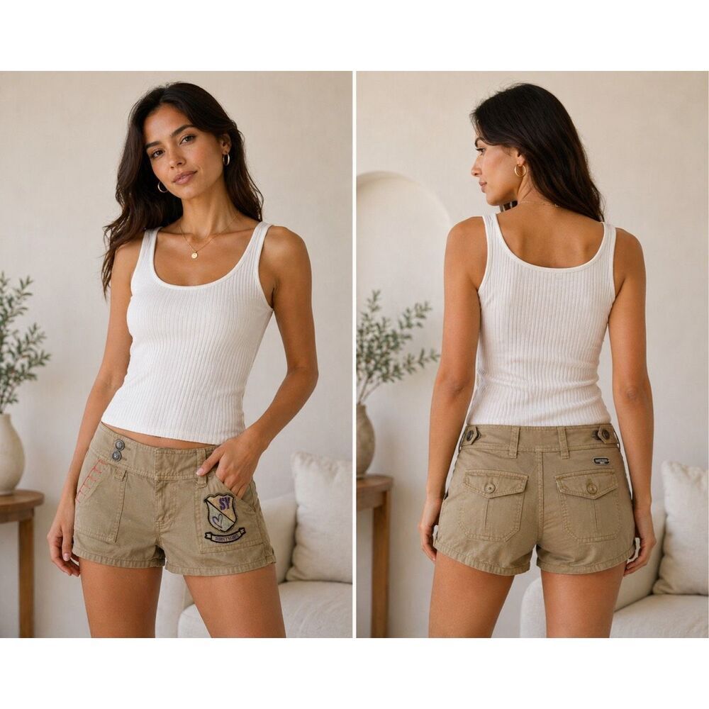 Sweet Years Khaki Shorts Size 27 Low Rise Embroidered Logo Italy